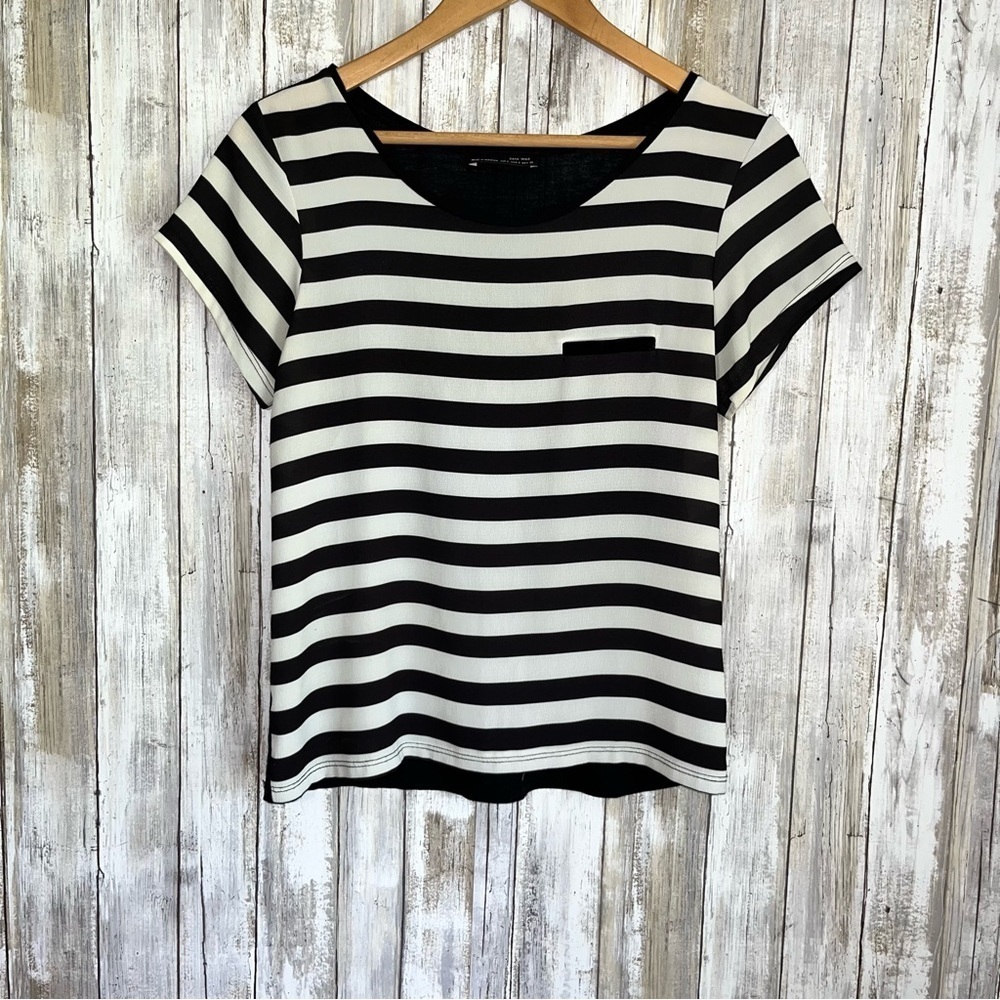 Zara Black White Striped Tee Classic Minimalist Short Sleeve Pocket Top Size S